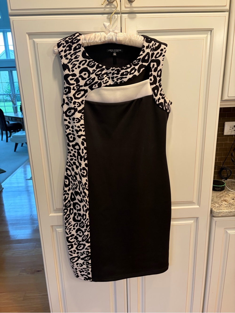 Linea Donatella Black and White Leopard-Panel Midi Dress